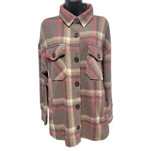 Zenana Shacket Brown Plaid Cozy Soft Knit Button-Up M